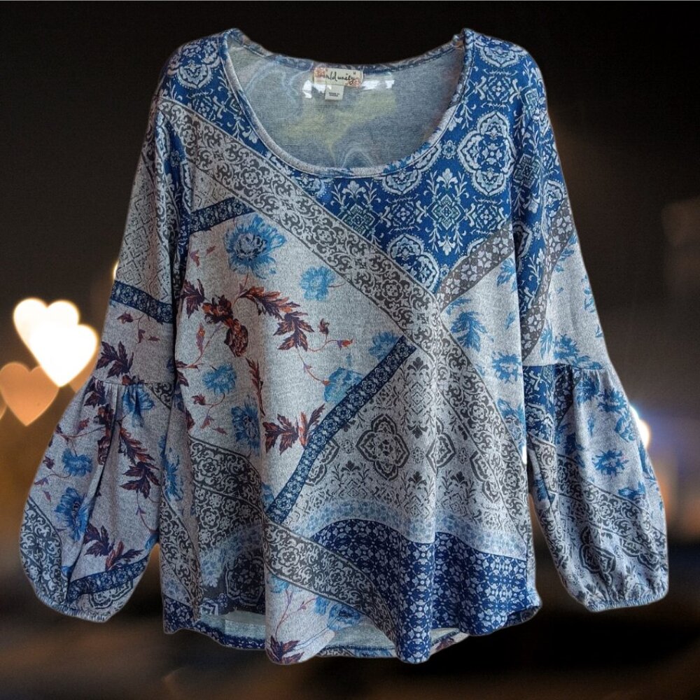 World Unity Size M Womens Knit Top Tunic Long Balloon Sleeves Gray Blue Floral
